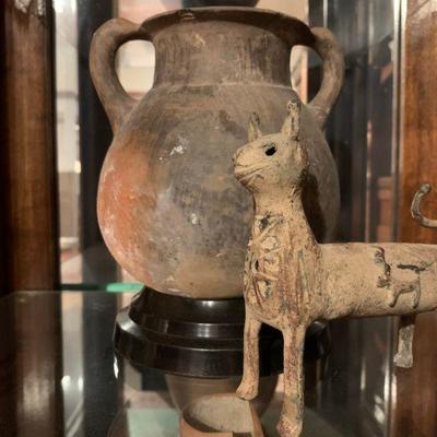 Antiquities, Clay Handled Jugs, Stone Cat with Carvings 