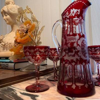 Marble Bust, Gemstone Floral Arrangement, Czech Ruby Cut to Clear Bohemian Stemware with Deer Design 