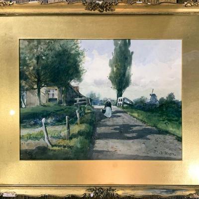 19th c. Dutch Landscape Watercolor Painting by Charles Paul Gruppe