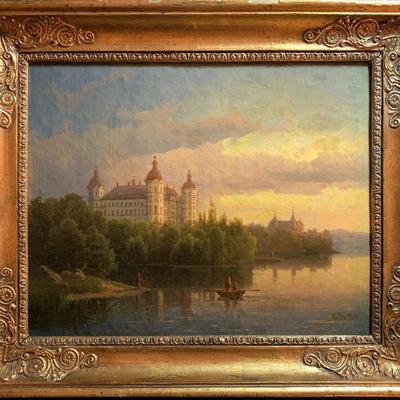 Rare 19th c. Charles Robertson Landscape Oil Painting Entitled Skokloster 