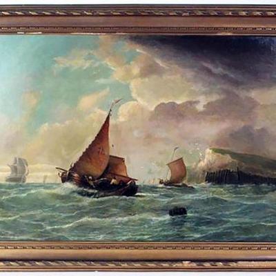 Large 19th Century Dutch Marine Oil Painting by Thomas Lintott SHIPS OFF THE COAST