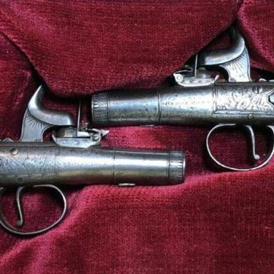 Matching pair of James Oxborrow flintlock muff pistols converted to percussion