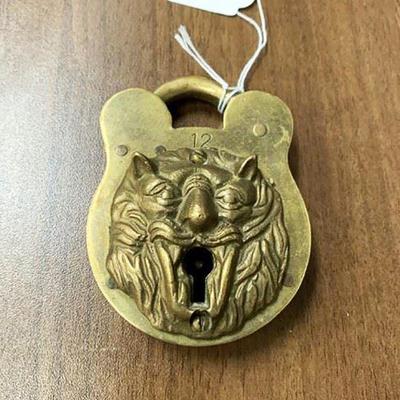 Antique Brass Lion Head Padlock Marked #12, Lock