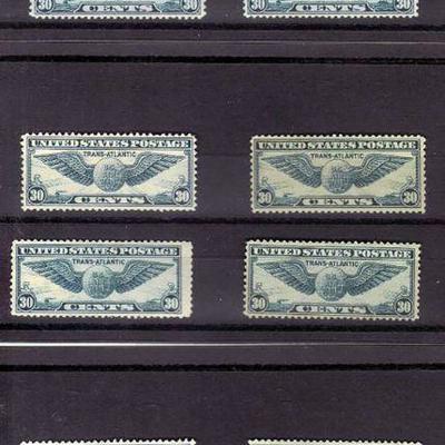 12 U.S. Airmail Stamps, Scott C24, 1939 30Â¢ Transatlantic Air Winged Globe