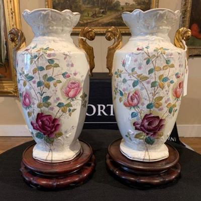 Pair of Signed Antique English Ceramic Urns with Floral Decoration