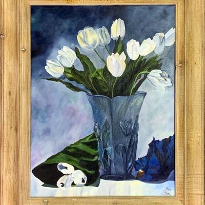 Floral Still Life Oil Painting by Ann Fleming Entitled WHITE TULIPS IN BLUE VASE