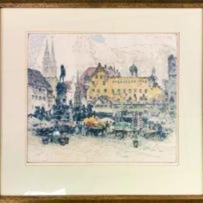 Antique German Ltd. Ed. Hand-colored Landscape Etching