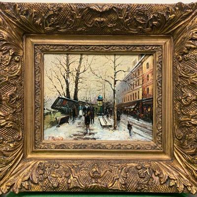 French Winter Figural Streetscape / Landscape Oil Painting by Paul Renard 