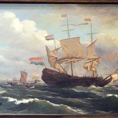 Large Nautical Oil Painting After Willem Van De Velde the Younger