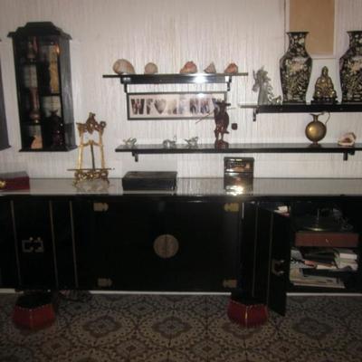 Stunning Black Lacquer Asian Credenza ~ Oriential Shelving and Statuary  