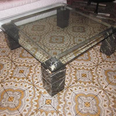 MCM Glass Top Chrome Marble Four Post Cocktail Table 