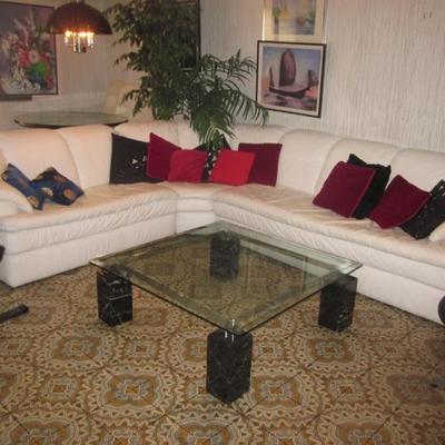MCM Glass Top Chrome Marble Four Post Cocktail Table ~ Spotless Sectional Sofa 