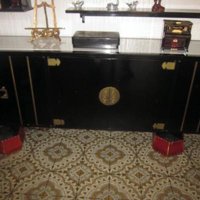 Stunning Black Lacquer Asian Credenza 
 