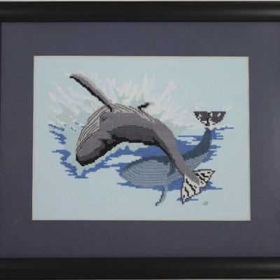 Framed and Matted Needlepoint Whale (16 3/8â€ x 14â€)