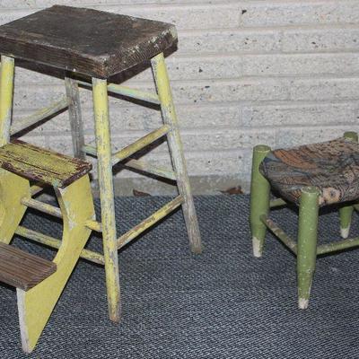 Vintage Wood Fold-out Step Stool and Small Childâ€™s Green Rush Seat Backless Stool