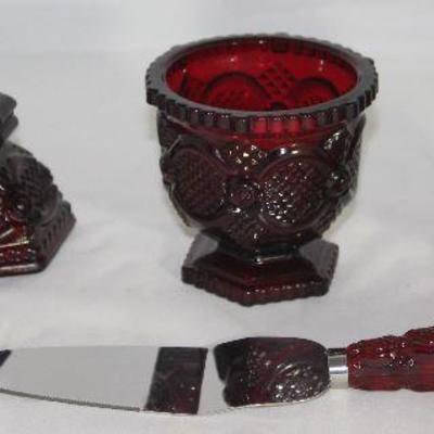 Avon â€œCape Codâ€ Ruby Red Pair Single Candlesticks, Open Footed Sugar, Salt & Pepper Shakers and Pie Server with Stainless Steel...