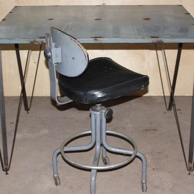 Industrial Mid Century  Flat Cast Iron HairPen Legs Metal Top Table. 48â€W x 36â€ D x 30â€ and a Vintage Adjustable Height Rolling...
