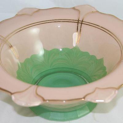 Green and Pink Satin Glass Bowl with Gold Trim (10.5â€D x 4.5â€H)