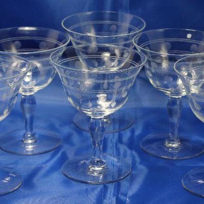 Depression Era Etched Cut ring and dot pattern crystal Champagne/Tall Sherbets (6)