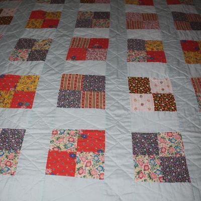 Vintage 4-Square Patchwork Quilt (80â€ x 84â€). Hand Quilted. 