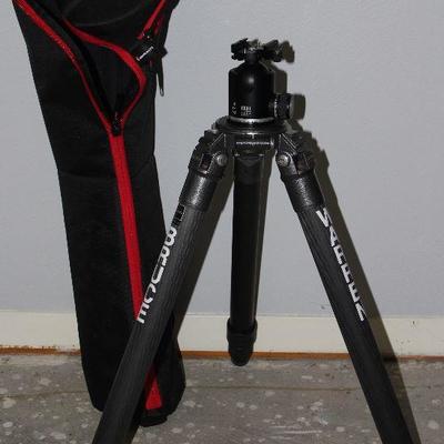 Fitzpatrick GT5531S Carbon 6X Travel Tripod with Travel Case.  Also shown attached: Arca Swiss Monoball with Quickset Fliplock