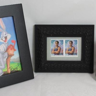 Collection of Framed Stamps:  Bugs Bunny $.32 Stamp, 2 Duke Kahanamoku, Native Hawaiian Competition Swimmer and Alfred Hitchcock $.32