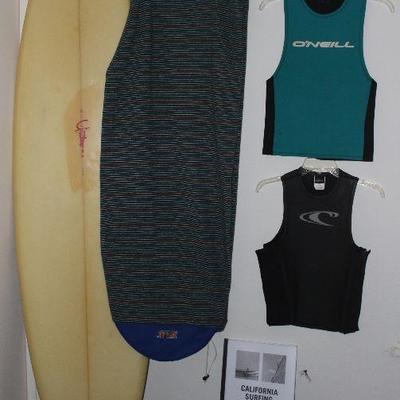 Yater 3 Fin Vintage Surfboard Shown with Balin Australia Surfboard Sock, Oâ€™Neill wetsuit Vest, California Surfing and Climbing in the...