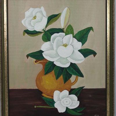 Magnolia Still Life Original Artwork by Edna Lowry 1974 in a Gold Leaf Frame.  (18.5â€ x 22.5â€)