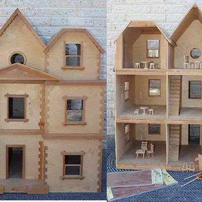 Vintage Wood 3-Story Victorian Doll House with some furnishings.  (36â€W x 37â€ H)