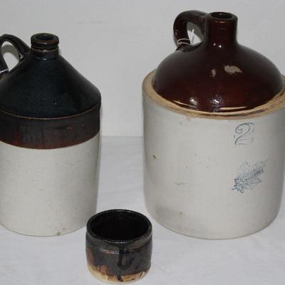 Vintage Brown & White 1 Gallon Stoneware Jug (12â€H), Western Stoneware no. 2 - 2 Gallon Jug and a small Handmade Glazed Pot...
