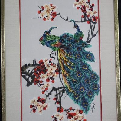 Oriental Hand Painted Peacock Linen Matted in a Narrow Gold Leaf Frame  (14 5/8â€ x 21 5/8â€)