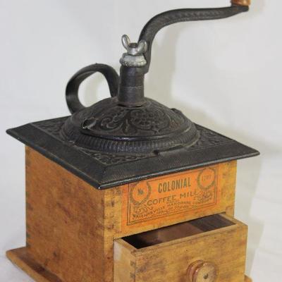 Colonial Coffee Mill No. 1707, dove tailed wood with drawer and embossed cast iron top