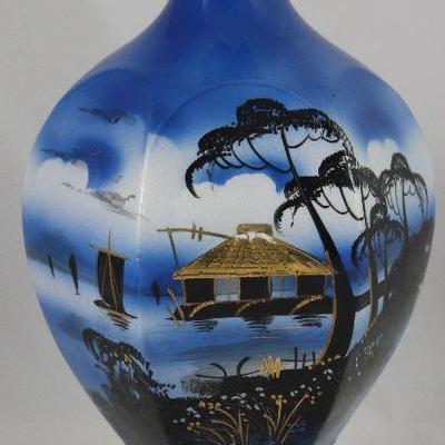 Hand Painted Blue Porcelain Vase (13.5â€H)