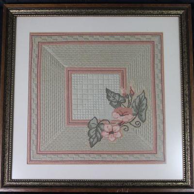 Pink Floral Matted and Framed Hand Stitched Needle Work (16.5â€ x 16)