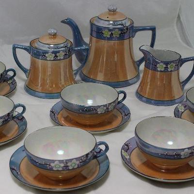 Made in Japan Lustre Ware with Handpainted Enamel Tea Set: Teapot, Sugar, Creamer and 6 Cups and Saucers