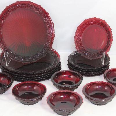 Avon â€œCape Codâ€ Ruby Red  10 3/4â€ dinner plates (6), 5-1/2â€ Bread and Butter Plates (6) and Small Dessert Bowls (6). (1975-1992)   