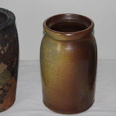 Antique Crocks: Terra-cotta (10â€H), Brown Glazed Stoneware Pickle Crock (9.5â€H) and Small Signed Handmade Crock with Incised and...