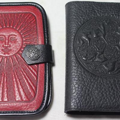 Tooled Brown Leather Check Book, Credit Card Wallet and Oberon Refillable Black Leather Journal 