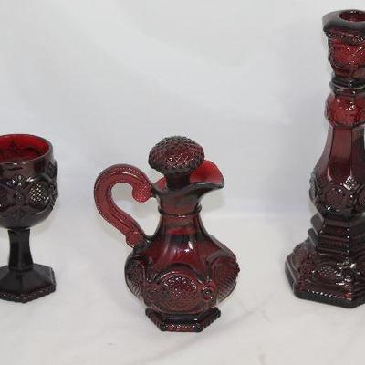 Avon â€œCape Codâ€ Ruby Red Wine Goblets, Cruet and Pair Tall Single Candlesticks . (1975-1992)   