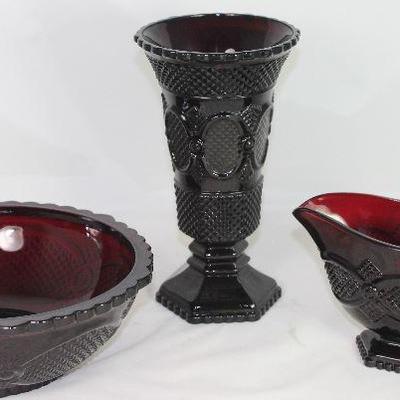 Avon â€œCape Codâ€ Ruby Red 8â€ Round Bowl, 8â€ Flower Vase and Sauce/Gravy Boat   (1975-1992)   