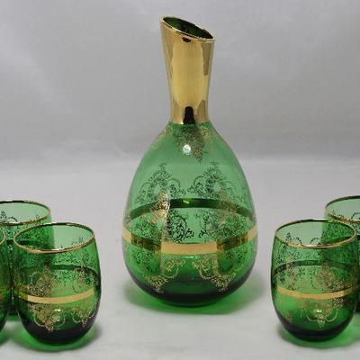 Italian Gold Embellished Green Art Glass Decanter with 6 Glasses 