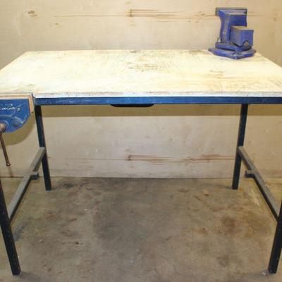 Industrial Shop Made  Steel Base Wood Top Table  (47â€L x 29,5â€W x 32.5â€H) Shown with Made In England Vintage Record 7"...
