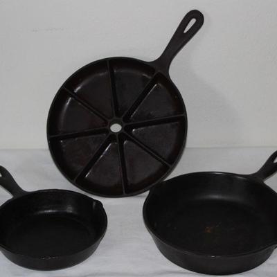 Vintage Cast Iron:  Cornbread Wedge Skillet, USA #3  Skillet (6.5â€) and USA #5 Skillet (8â€)