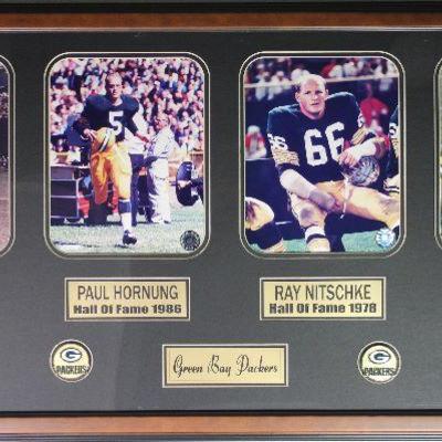 Green Bay Packers Framed Photos of Hall of Famers Vince Lombardi 1971,  Paul Hornung 1986,  Ray Nitschke 1978 and Brett Favre, One of the...