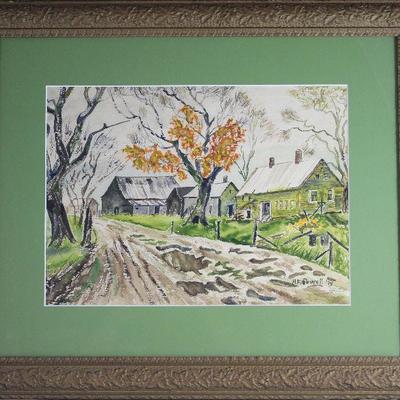 H.E. Powell 1974 Original Watercolor Matted and Framed in a Gold Gilt 2â€ Antique Frame by Friendswood Frame & Gallery