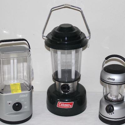 Coleman D-Battery Operated 9w Tube Lantern.  Coleman 5355-700 Twin Tube Lantern.  Jeep LED Battery Operated Lantern 