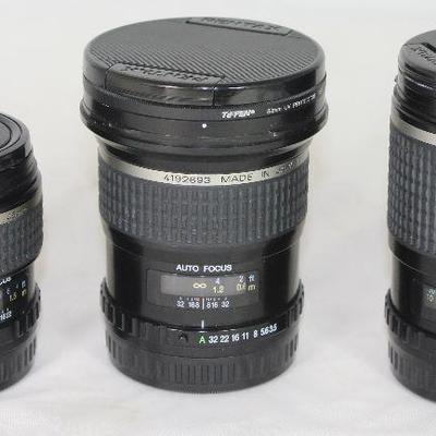 1.)  Pentax-FA 645 1:28 45mm Auto Focus Lens.   2.) Pentax-FA 645 1:35 35mm Auto Focus Lens.  3.) Pentax-FA 645 1:2.8 150mm Auto Focus Lens 