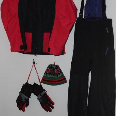 Marmot Red & Black Ski Jacket with Hood, Patagonia Ski Overalls, Kit Ski Cap and Marmot Red & Black Ski Gloves