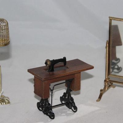 Doll House Furniture:  Brass Bird Cage on Stand, Treadle Sewing Machine and Brass Cheval Mirror