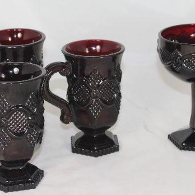 Avon â€œCape Codâ€ Ruby Red Mug  (5â€) and Champagne/Tall Sherbets.   (1975-1992)   